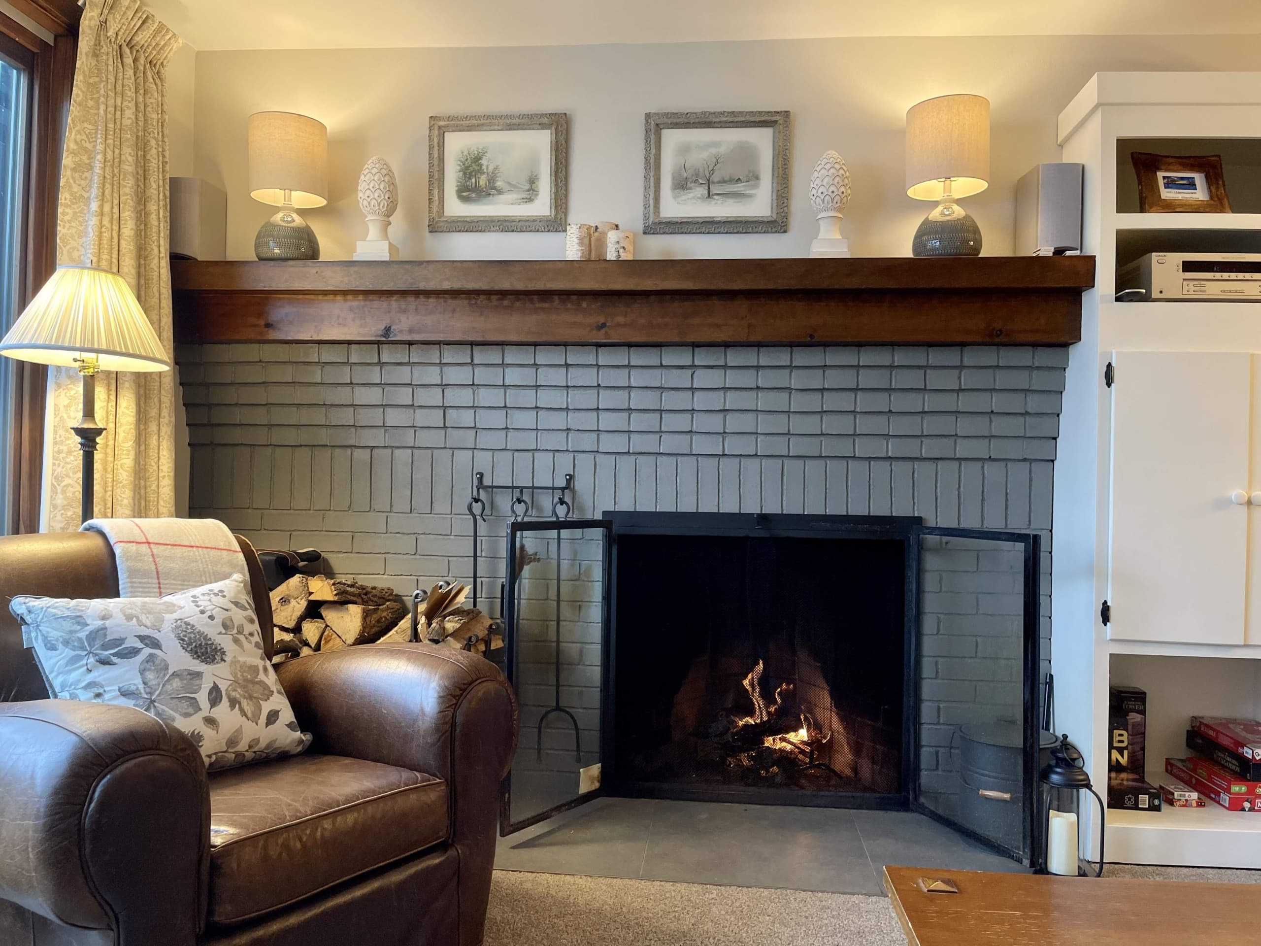 Living room fireplace at the Killington condo